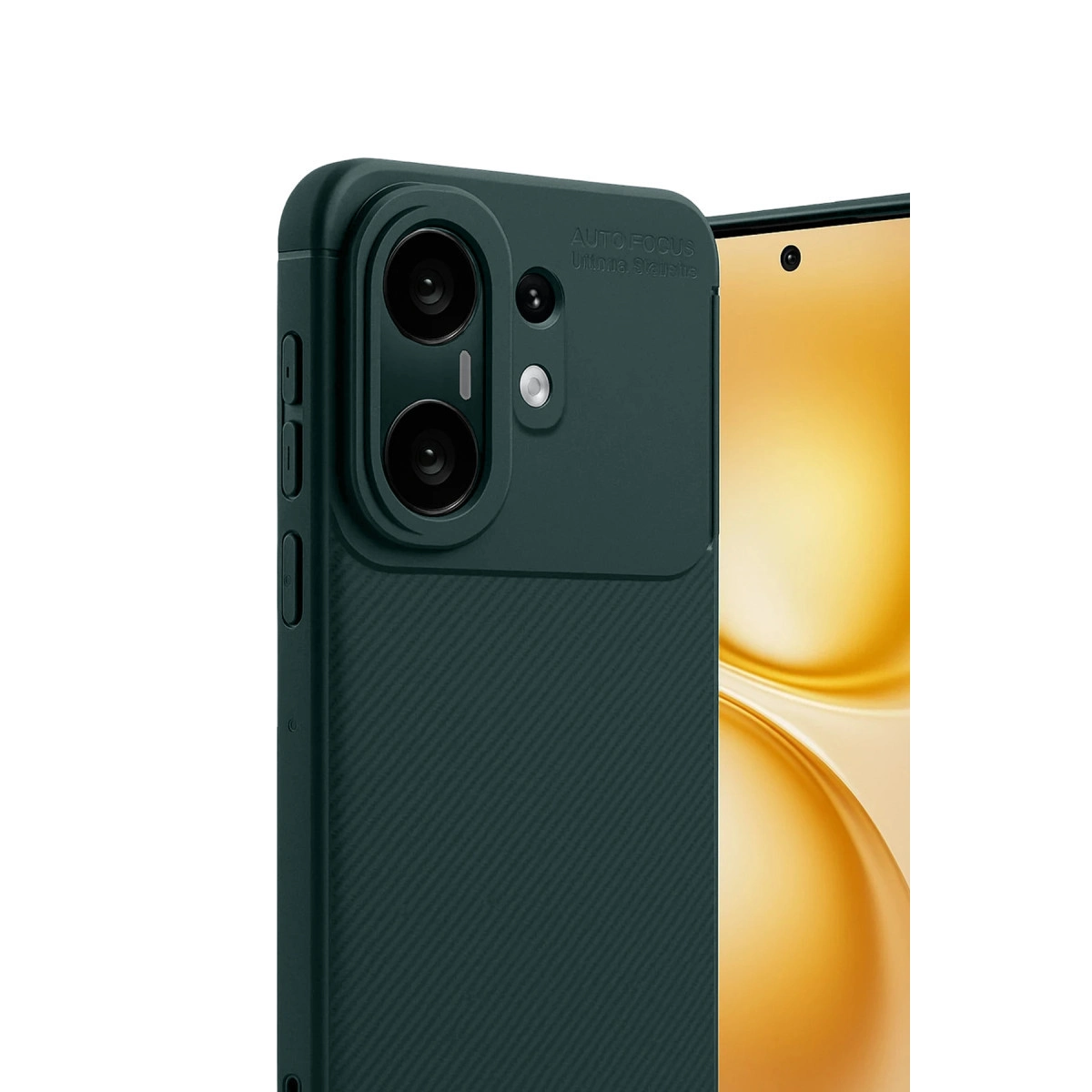 Kamera sistemli koyu yeşil telefon kılıfı ve arka planda telefon.