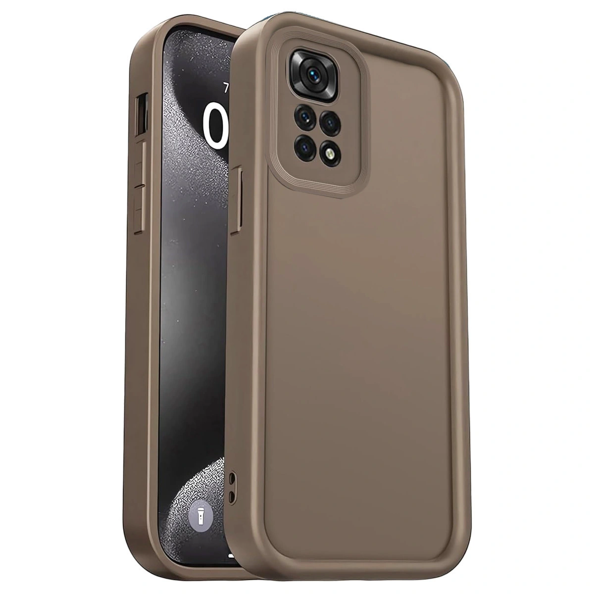 Kamera ve ekranlı kahverengi telefon kılıfı.