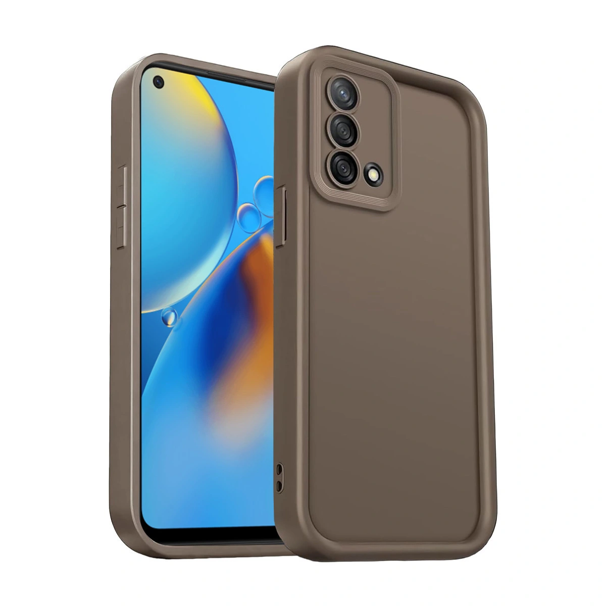 Arkada üç kamerası olan kahverengi telefon kılıfı ve mavi ekran arka planı.