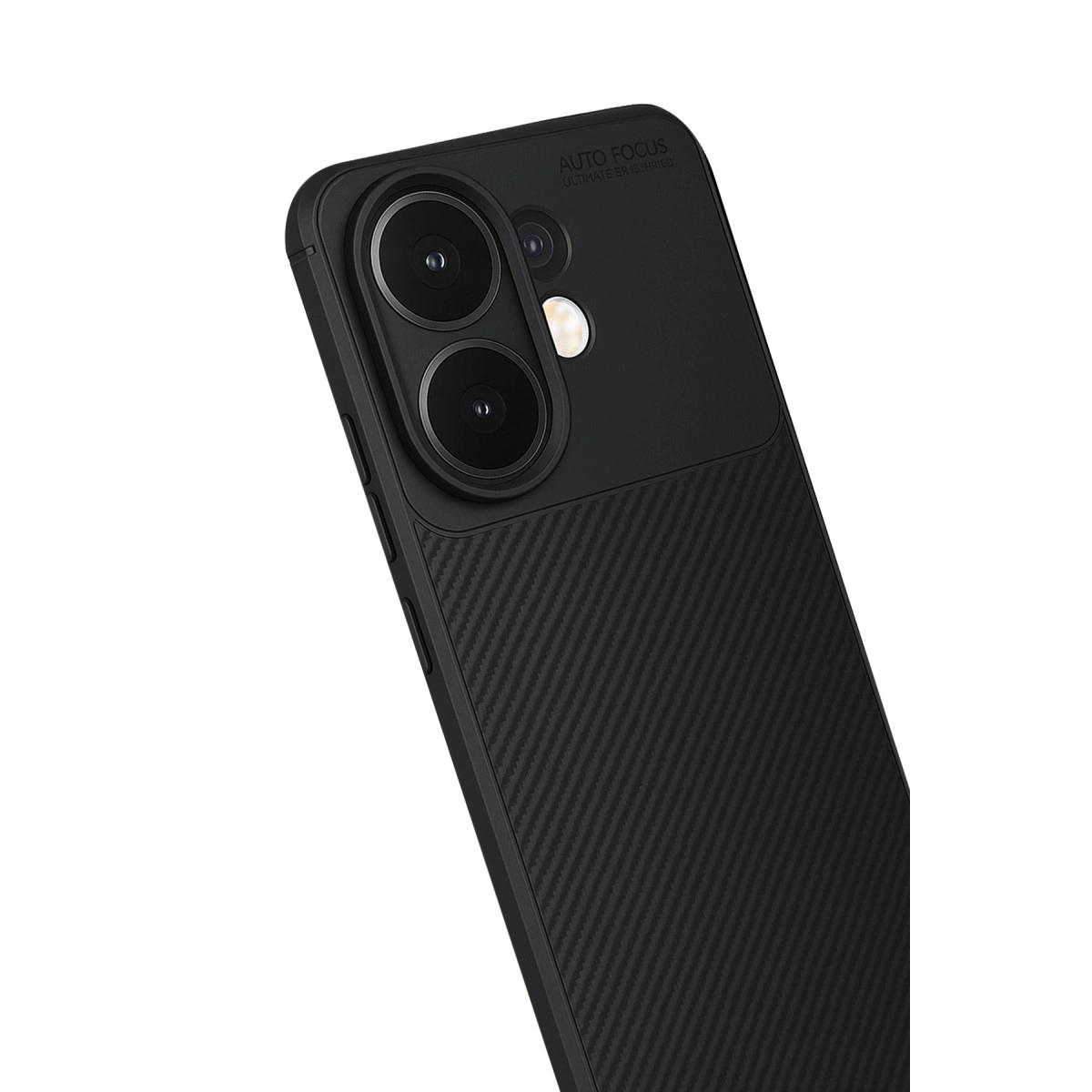 Karbon dokulu siyah telefon kılıfı, çift lensli kamera tasarımı.