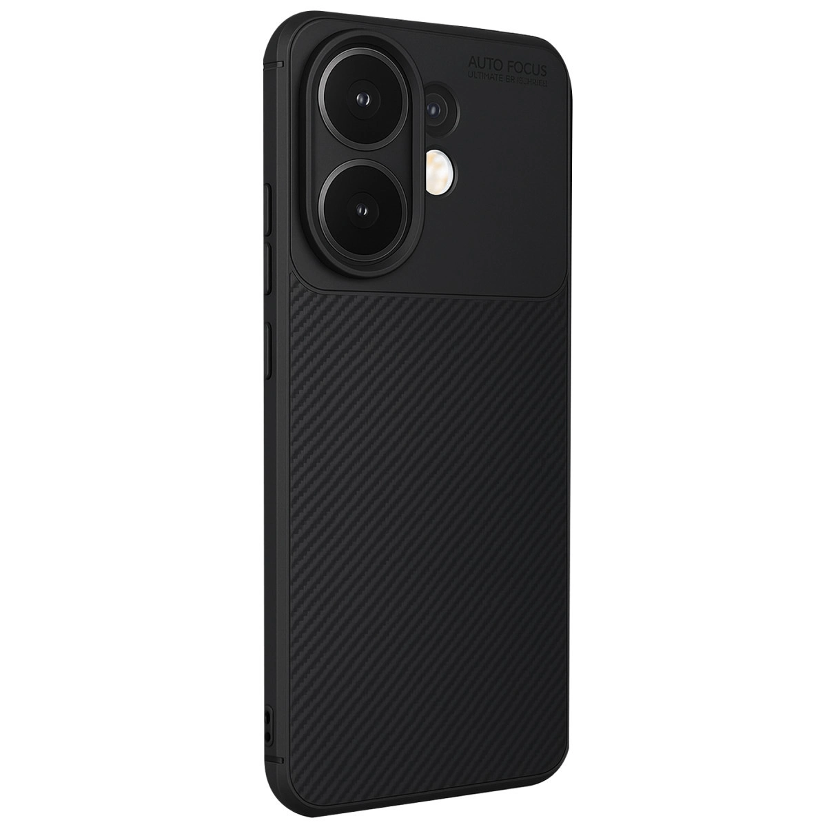 Karbon fiber dokulu arkaya ve çift kameraya sahip siyah telefon.