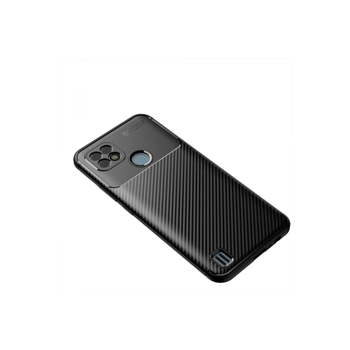 Karbon fiber desenli, kamera kesimli ve parmak izi sensörlü siyah telefon kılıfı.