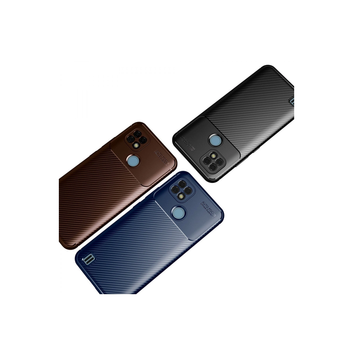 Karbon fiber dokulu üç kahverengi, mavi ve siyah telefon kılıfı.