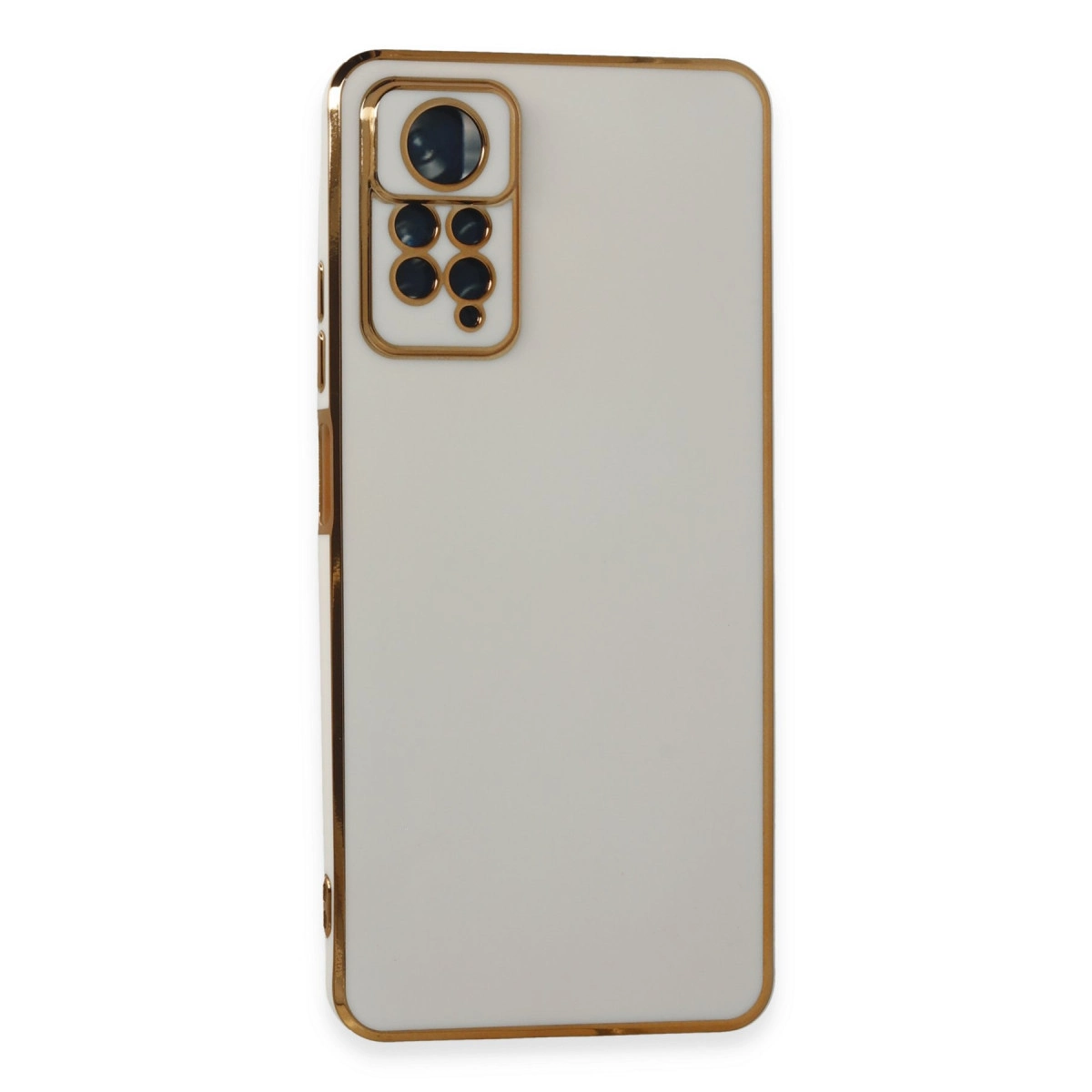 Altın kenarlı ve kamera modüllü beyaz telefon kılıfı.