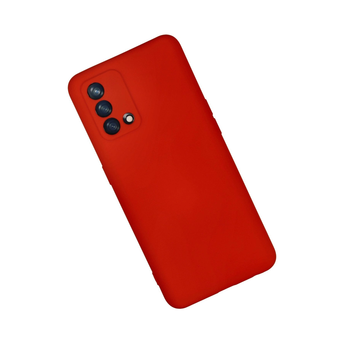 Arka kamera birimli kırmızı telefon kılıfı, beyaz arka plan üzerinde.
