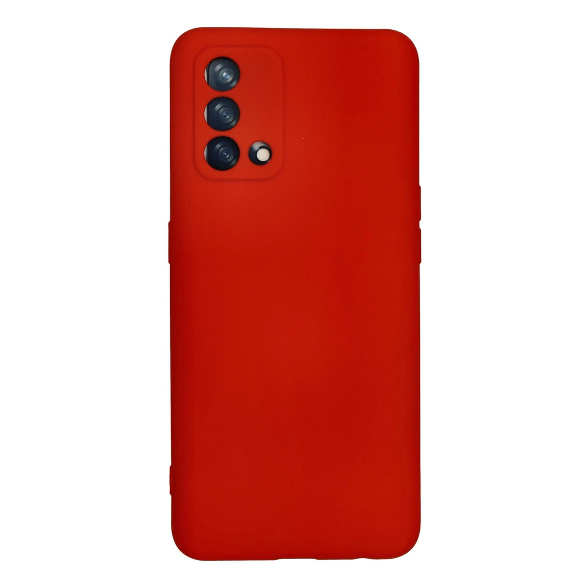 Arkada üçlü kamera kesiği olan kırmızı telefon kılıfı.