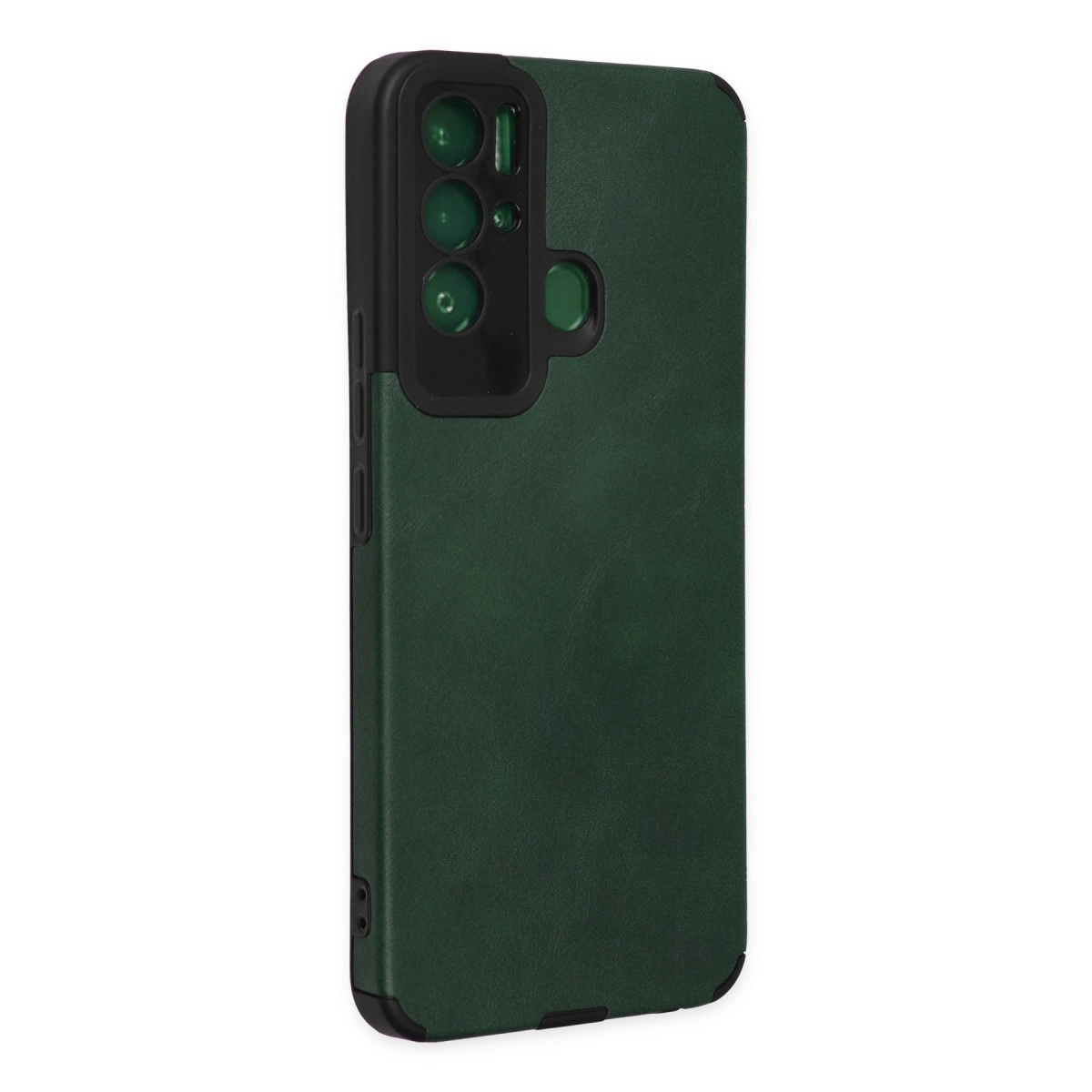 Üç lensli siyah kamera yuvalı koyu yeşil telefon kılıfı.