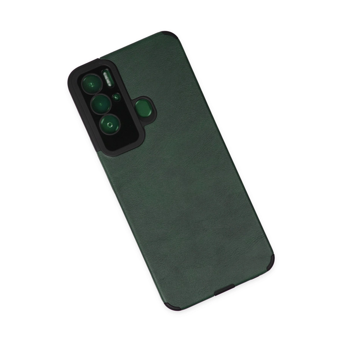 Siyah kamera modülü ve parmak izi sensörlü koyu yeşil telefon kılıfı.