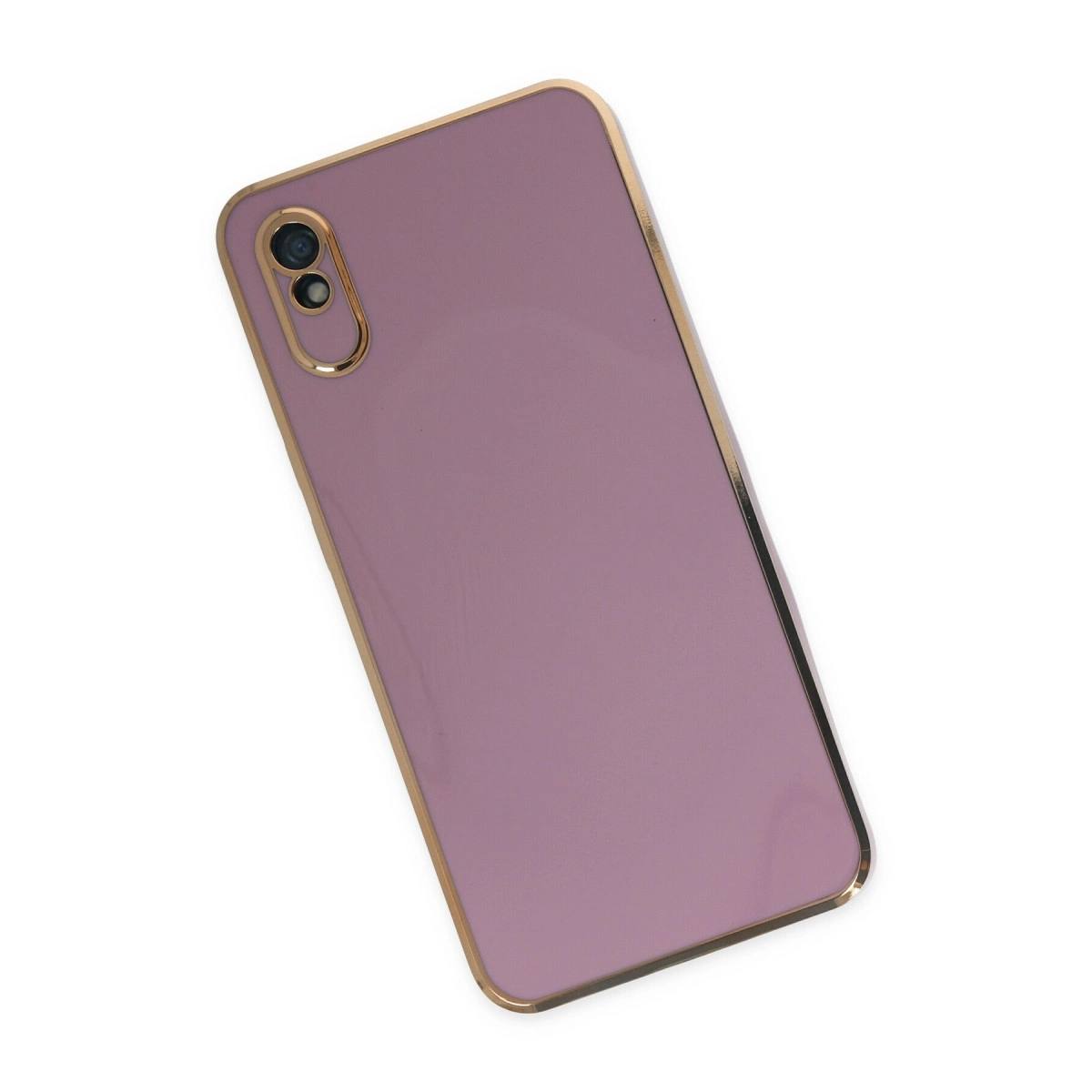 Altın kenarlı, iki kamera lensli mor telefon kılıfı.