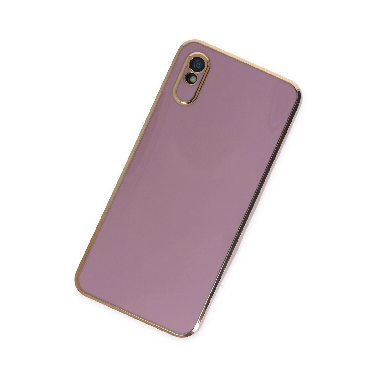 Altın kenarlı, arkasında iki kamera lensi olan mor telefon kılıfı.