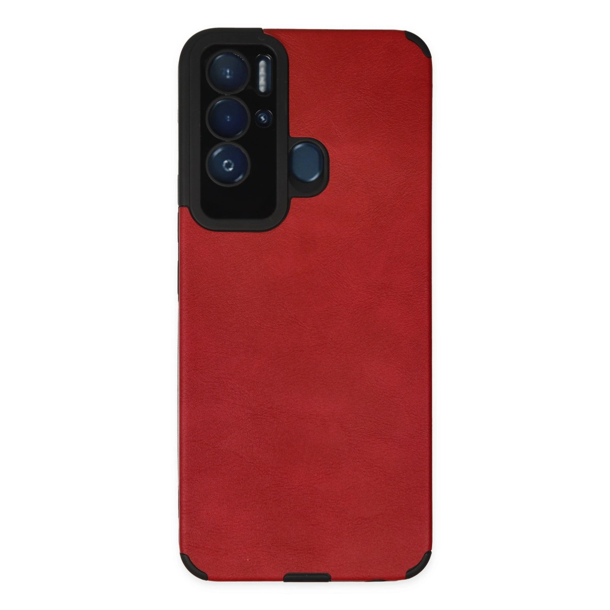 Siyah kamera modülü ve parmak izi sensörlü kırmızı telefon kılıfı.