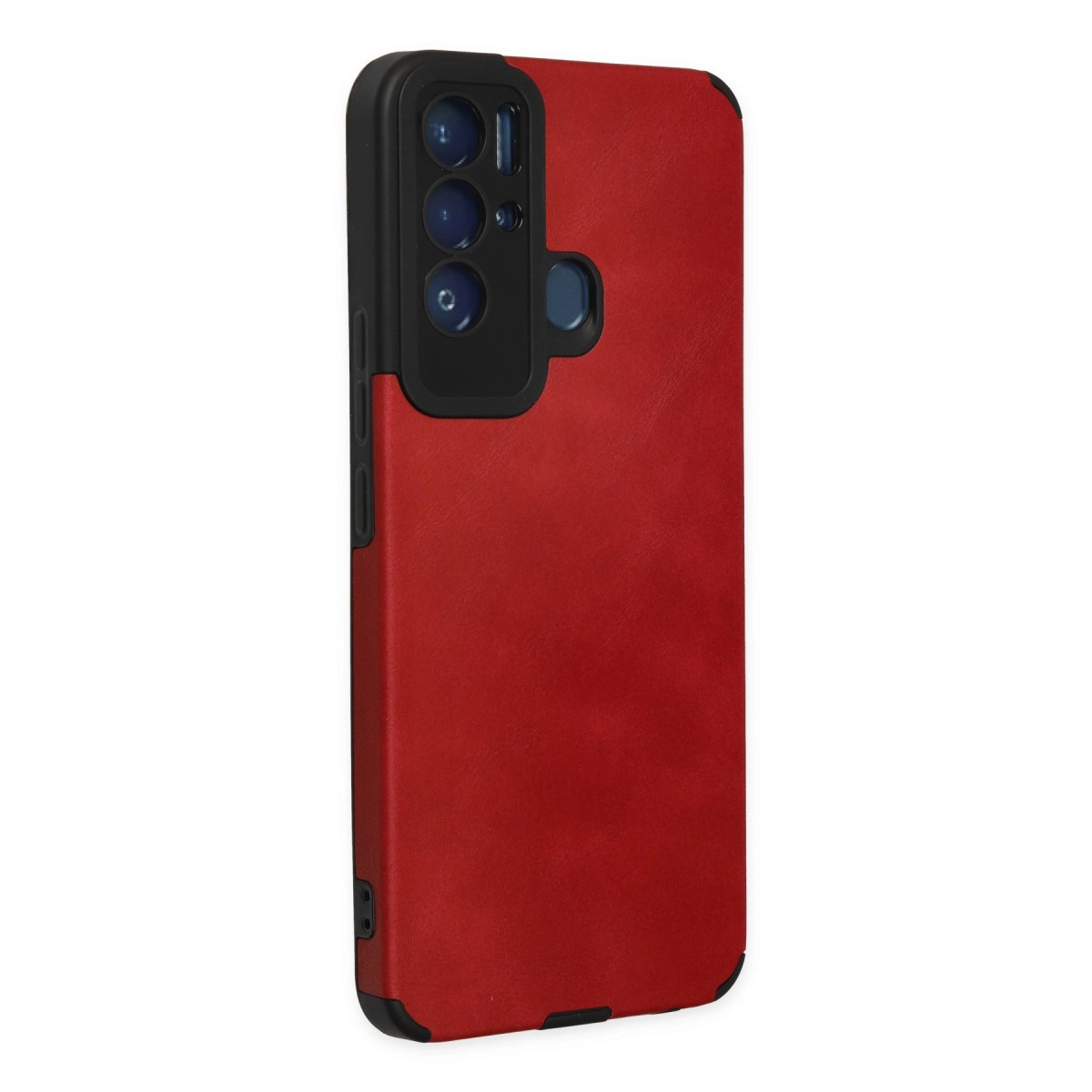 Siyah kamera modülüne ve parmak izi sensörüne sahip kırmızı telefon kılıfı.