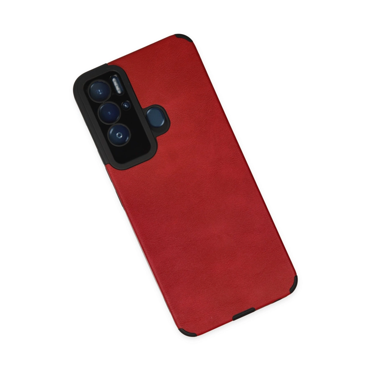 Siyah kamera çıkıntısı ve parmak izi sensörlü kırmızı telefon kılıfı.