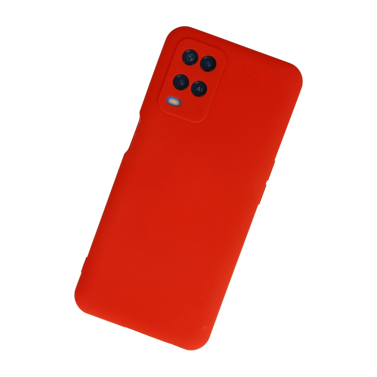 Dörtlü kameraya ve AI yazısına sahip kırmızı telefon kılıfı, beyaz arka plan.