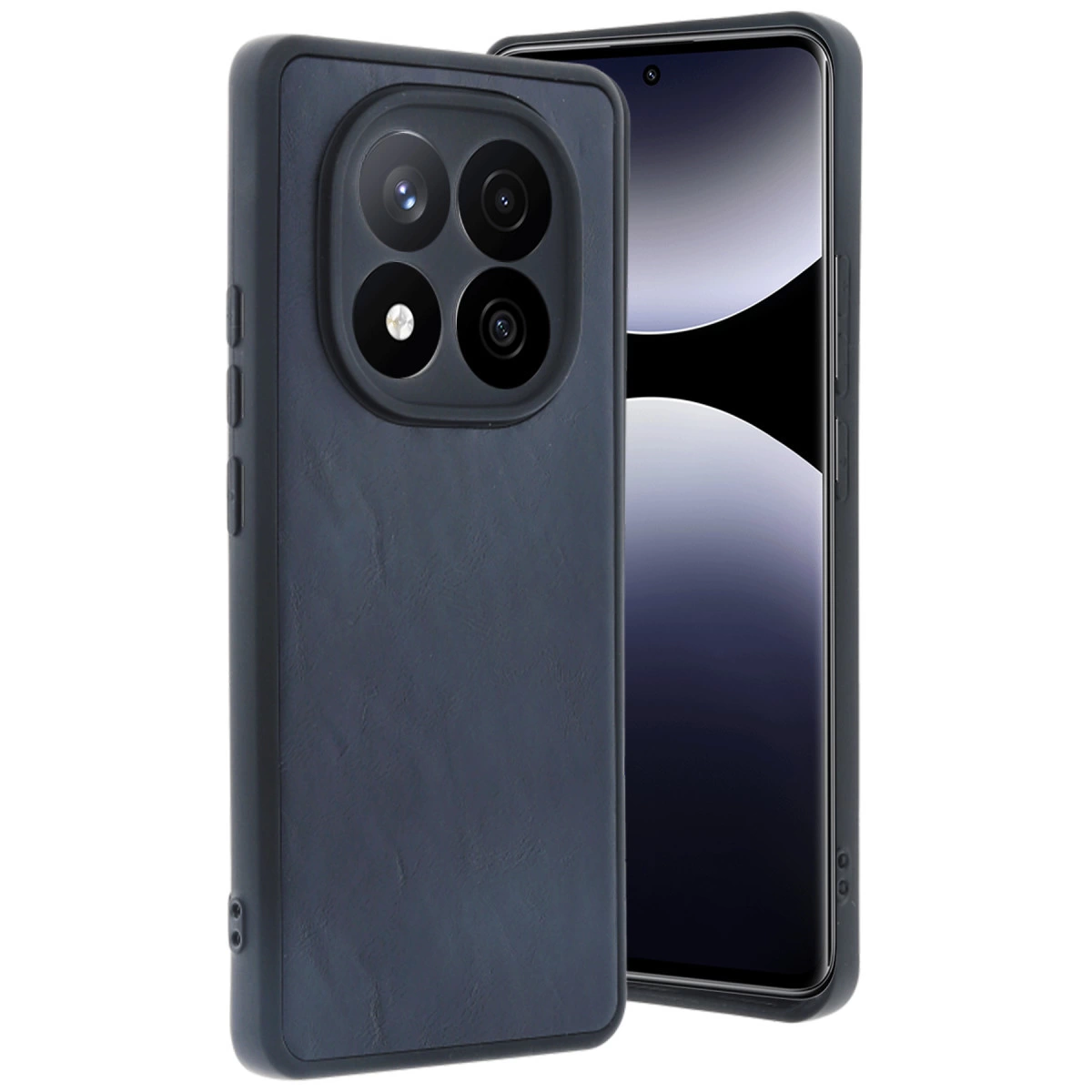 Dört kameralı, siyah kılıflı koyu gri telefon.