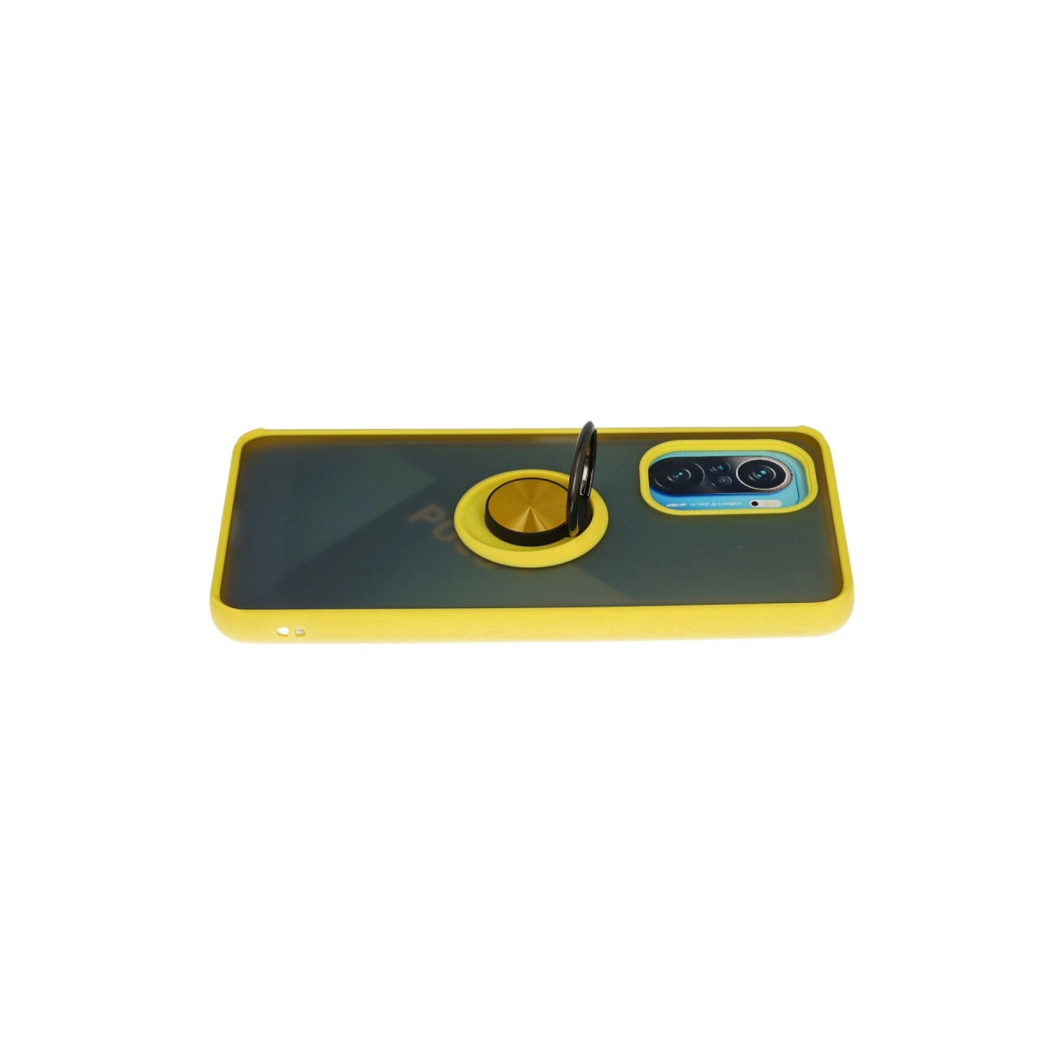 Halka tutuculu ve kameralı sarı telefon kılıfı.