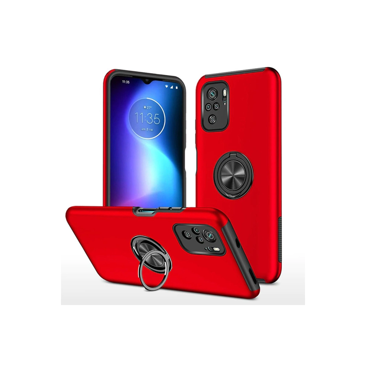 Halka tutuculu kırmızı telefon kılıfı, telefon ekranı görünür.