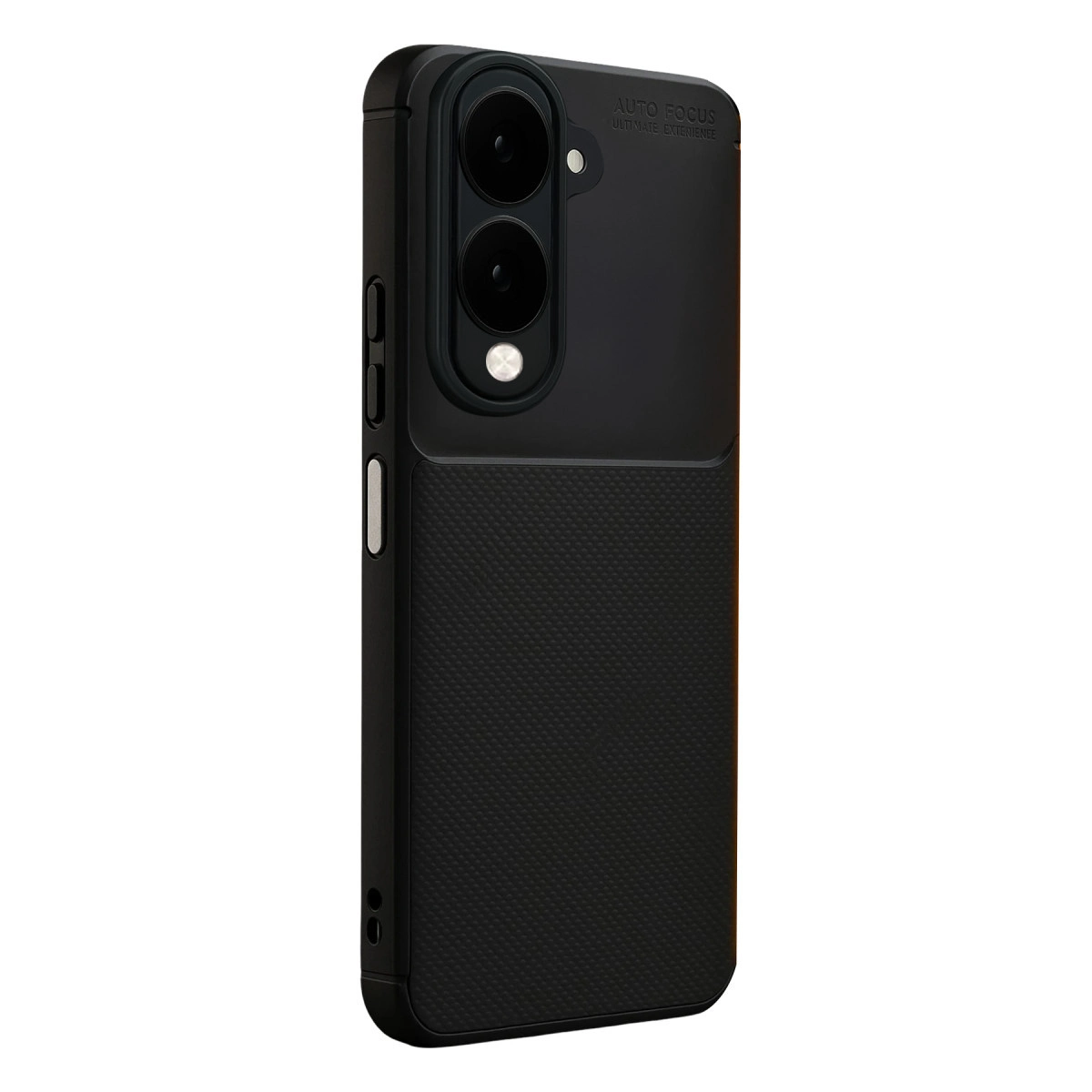 Kamera kesimli ve dokulu kavrama alanlı siyah telefon kılıfı.