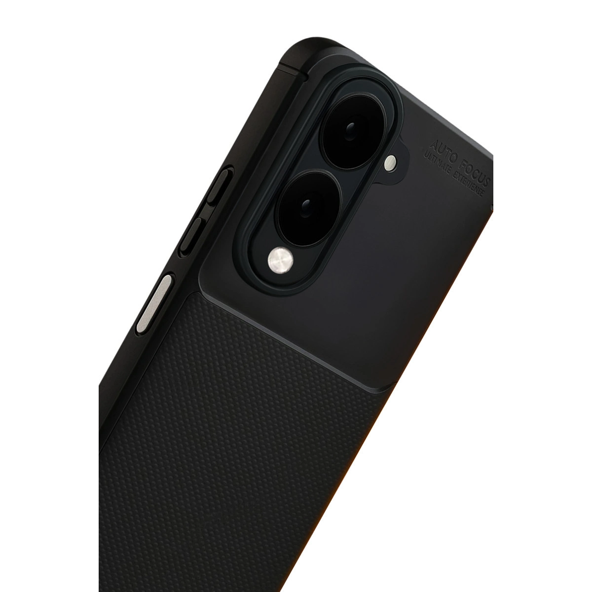 Çift lensli ve dokulu tutuşlu siyah telefon kılıfı.