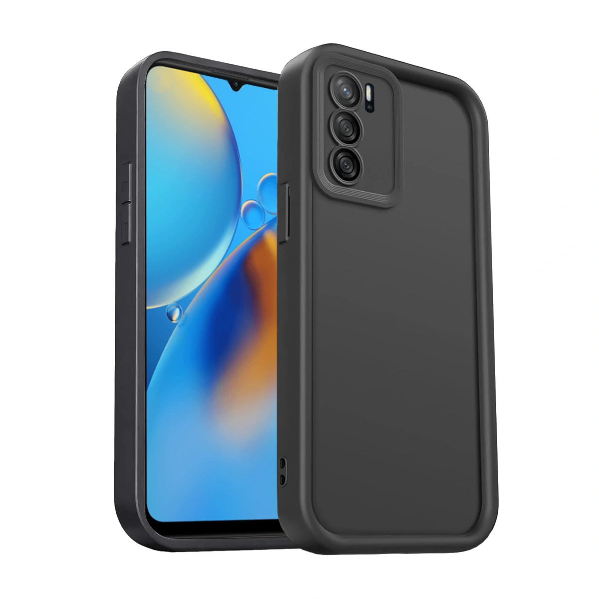 Dik duran, koruyucu kılıflı siyah bir cep telefonu.