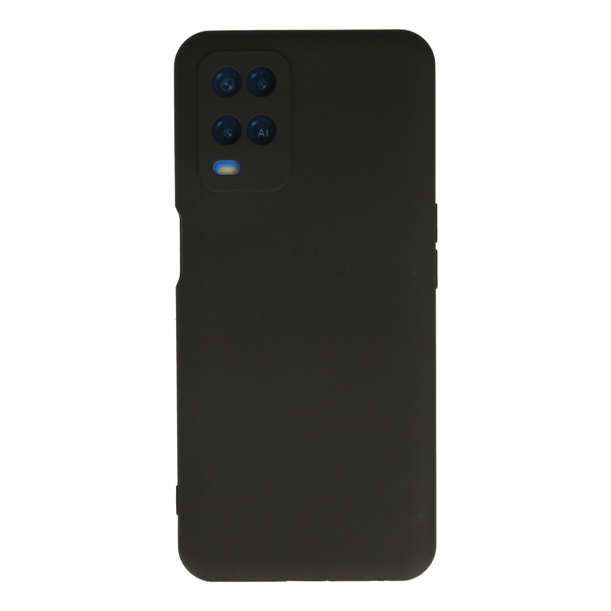 Dört kamera lensli ve yapay zeka işaretli siyah telefon kılıfı.