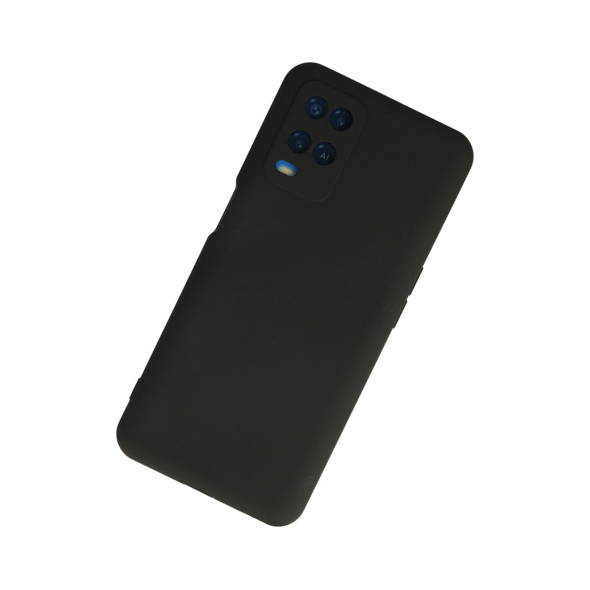 Arkada dört kamera ve flaşlı siyah akıllı telefon, beyaz arka plan üzerinde.
