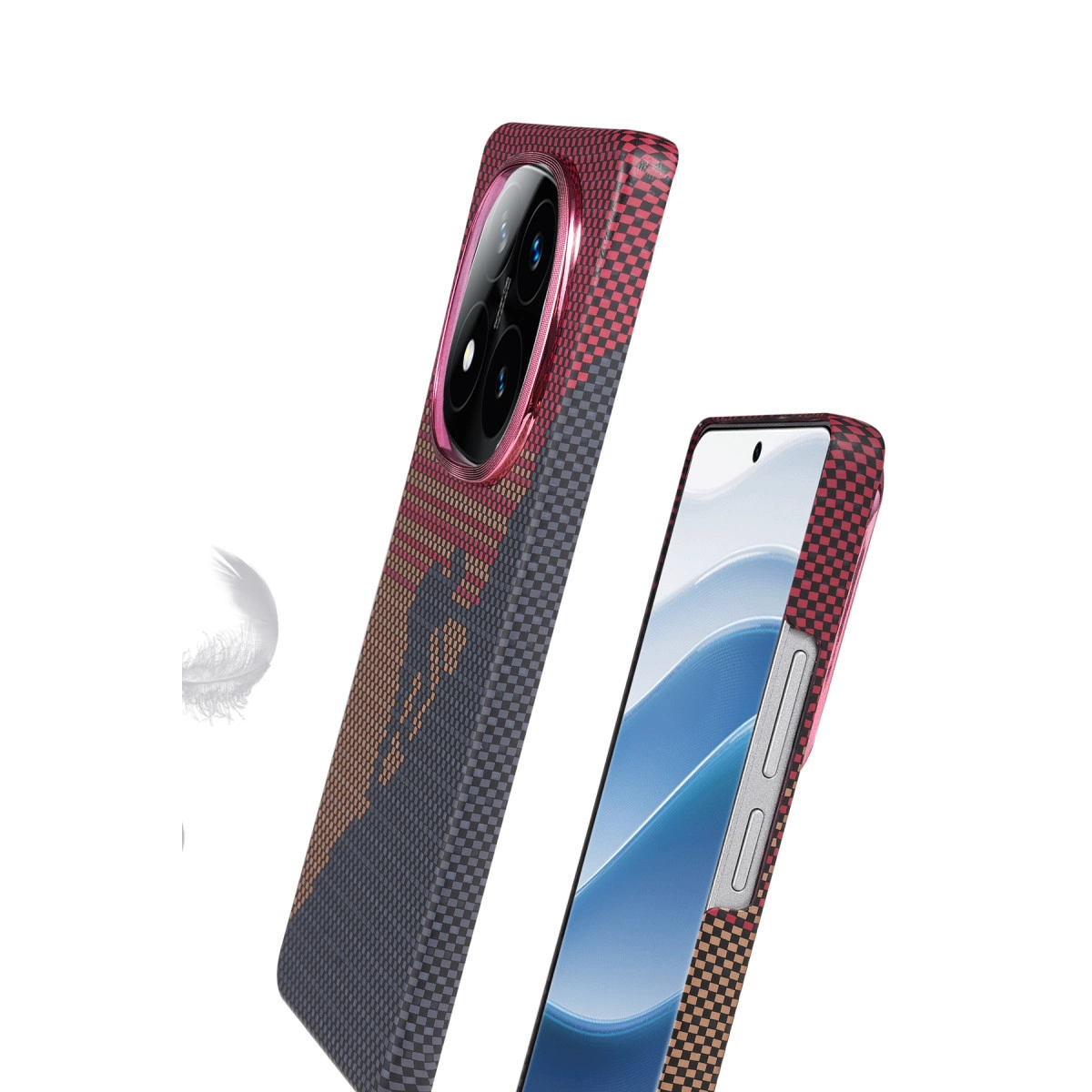 Kırmızı ve gri damalı desenli iki telefon kılıfı, biri kamera, diğeri ekran gösteriyor.