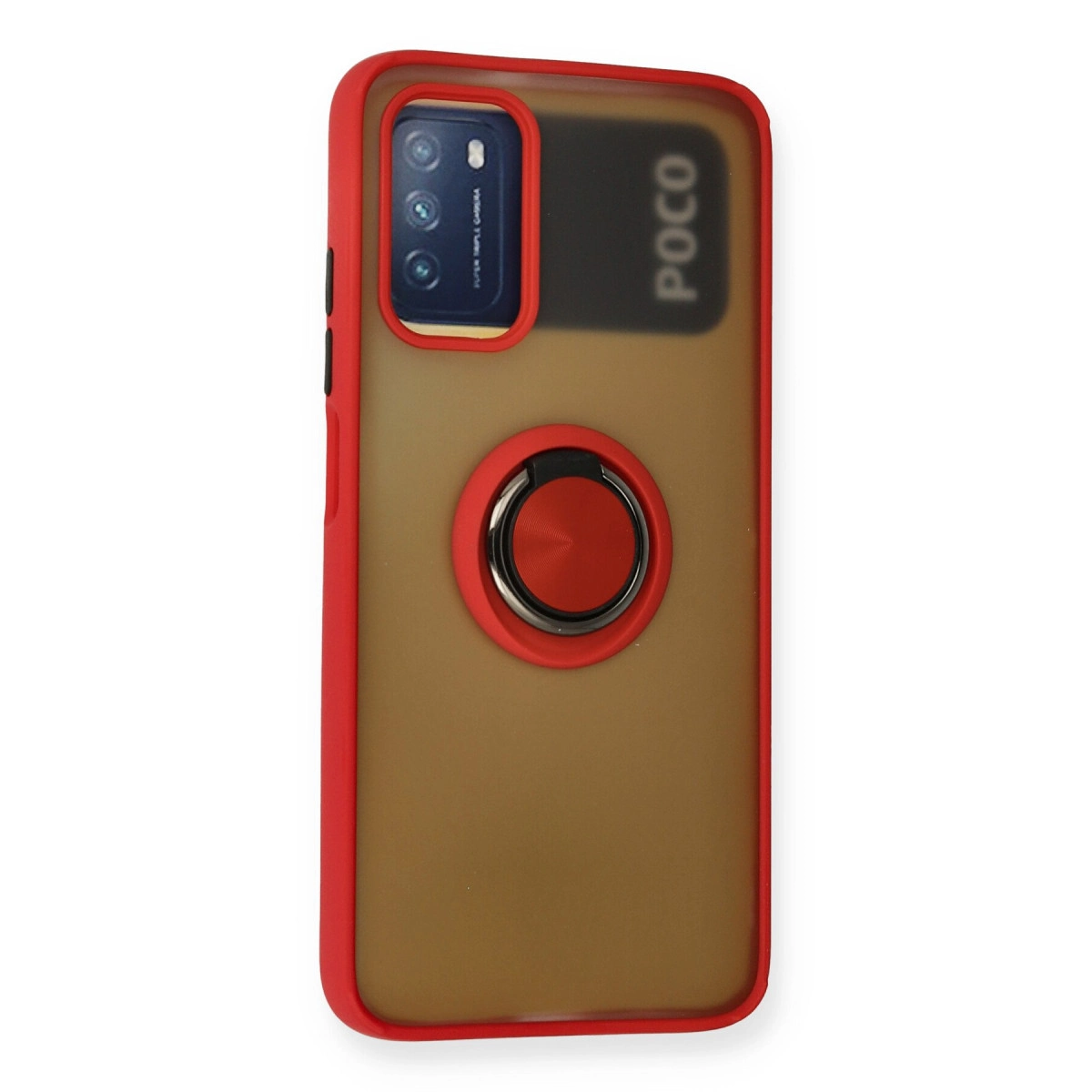 Kırmızı telefon kılıfı, kahverengi arka, POCO logosu, kamera lensi ve halka tutucu.