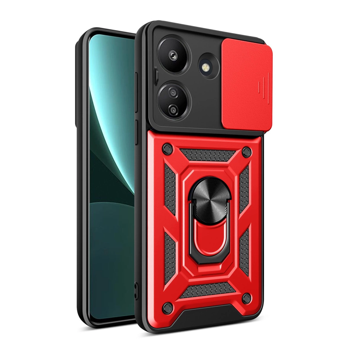 Kamera kapaklı ve halka tutuculu kırmızı ve siyah telefon kılıfı.