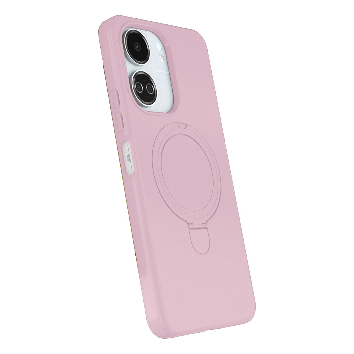 Kamera modülü ve halka tutuculu pembe telefon kılıfı beyaz arka plan üzerinde.