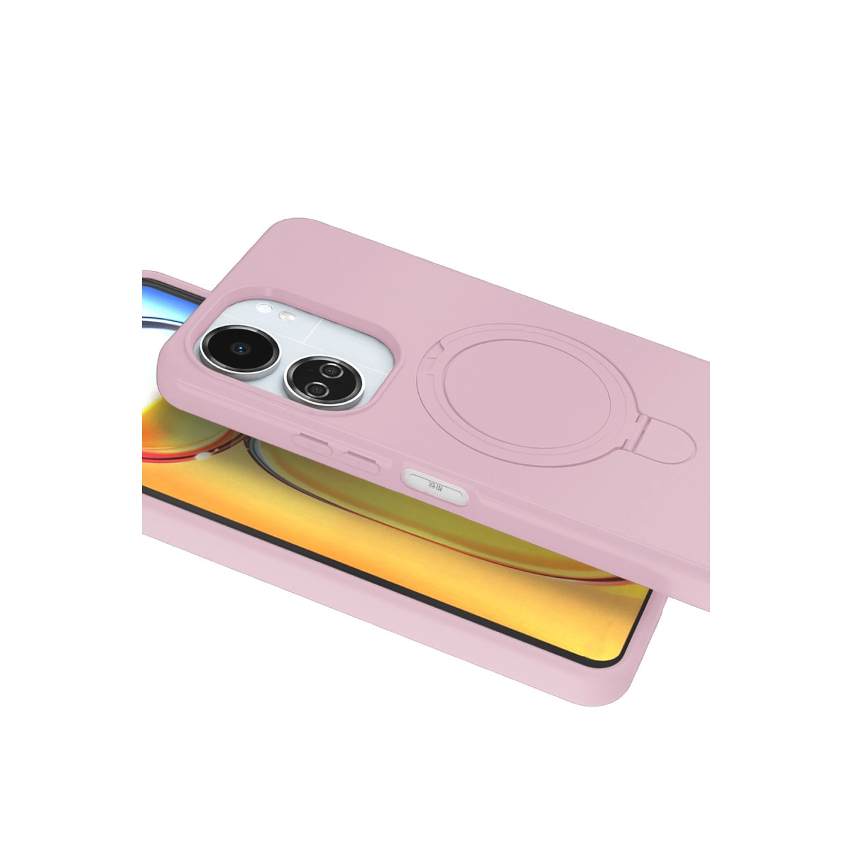 Halka tutuculu ve kamera kesimli pembe telefon kılıfı.