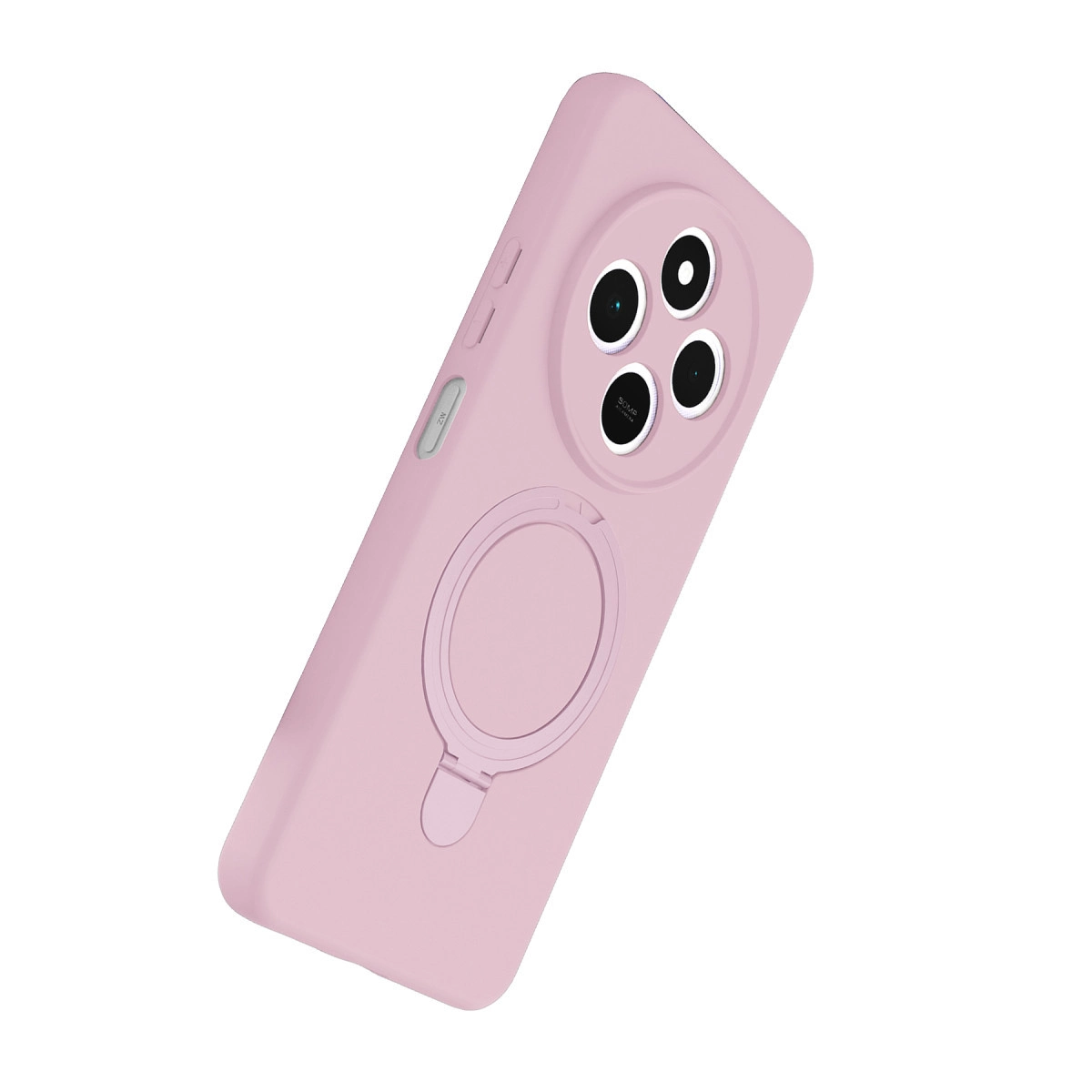 Halka tutuculu ve dörtlü kameralı pembe telefon kılıfı.