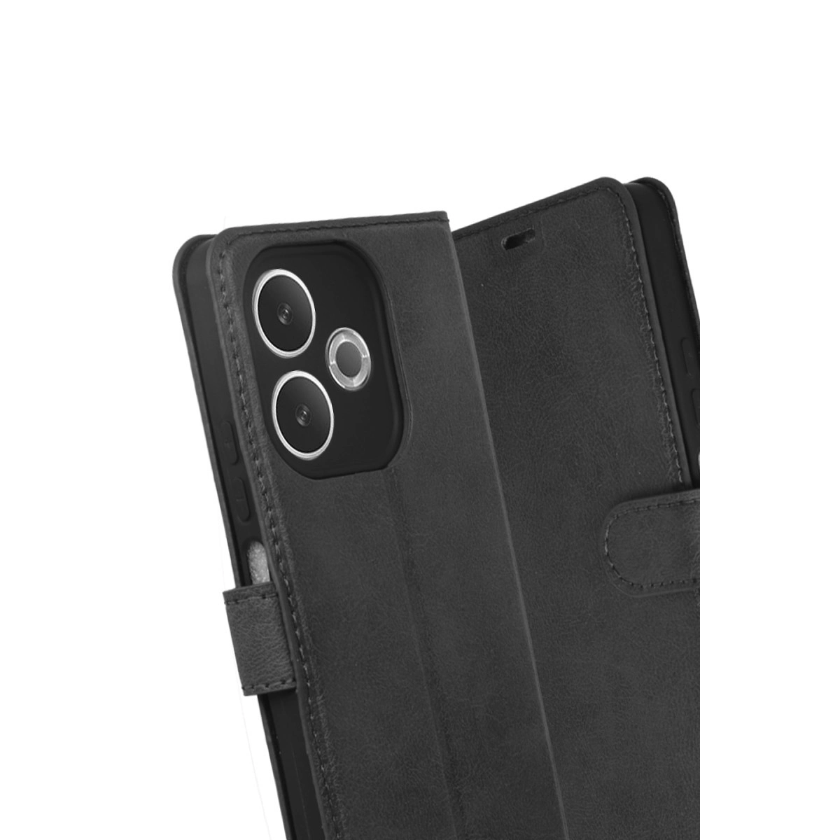 Üç kameralı ve kapaklı siyah telefon kılıfı, beyaz arka plan üzerinde.