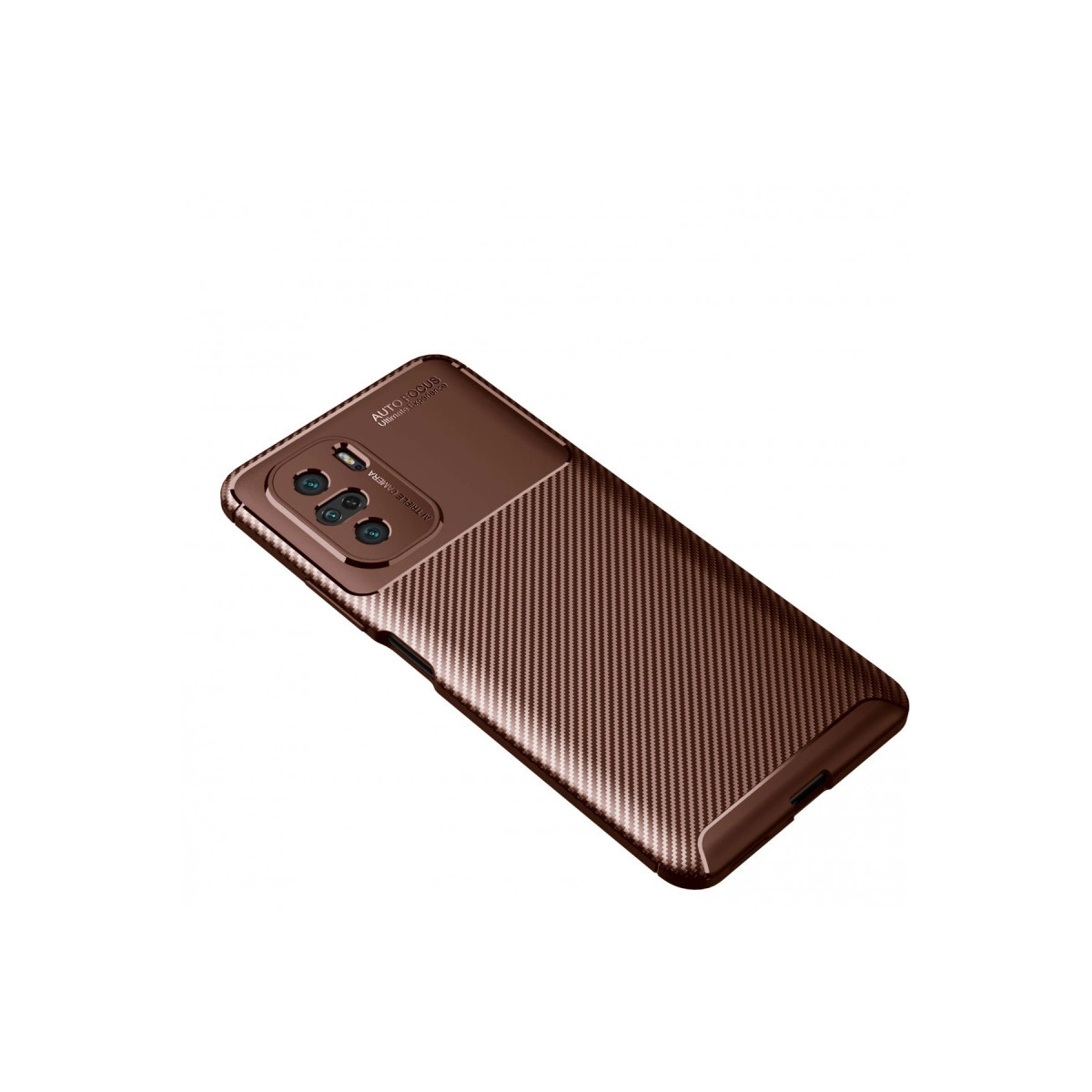 Karbon desenli, üçlü kamera kesimli kahverengi telefon kılıfı.