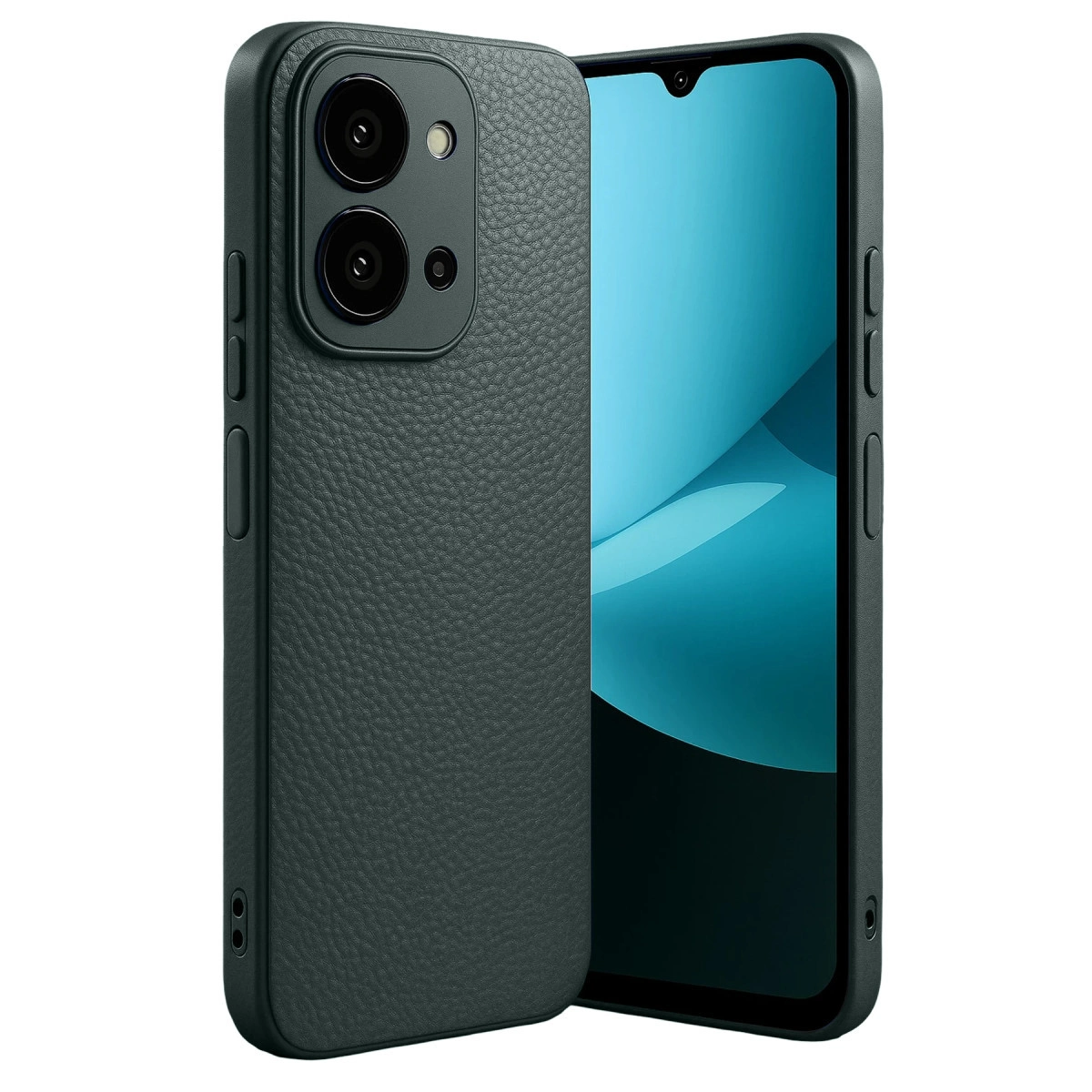 Gri dokulu arka ve kamera çıkıntısına sahip koyu renkli bir akıllı telefon.