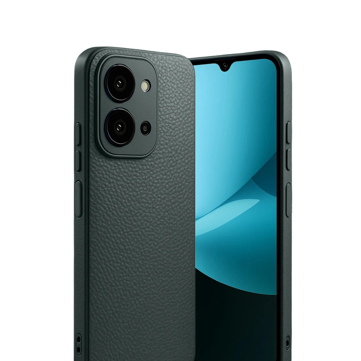Koyu yeşil, deri dokulu telefon kılıfı kamera dizilimiyle. Ekran maviyi gösteriyor.