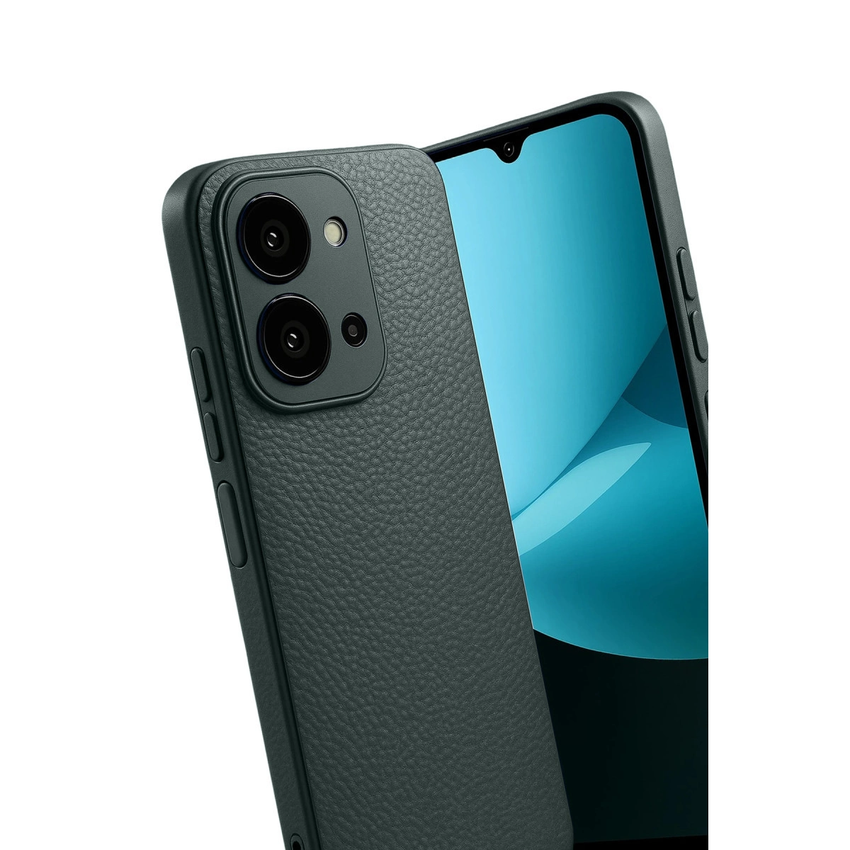 Doku kaplı arka yüzü ve kamera dizilimi olan koyu gri telefon, beyaz arka plan.