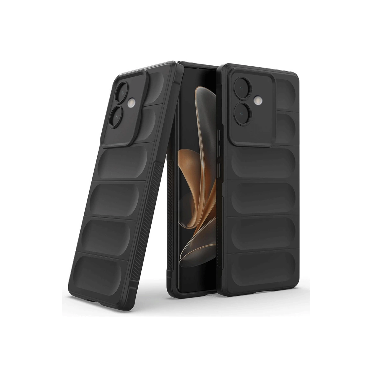Kanallı tasarıma sahip iki siyah telefon kılıfı, biri açık.