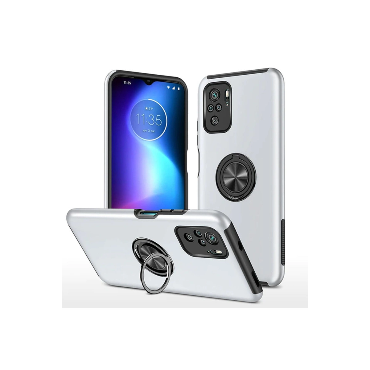 Halkalı gümüş telefon kılıfı bir telefonun önünde duruyor.