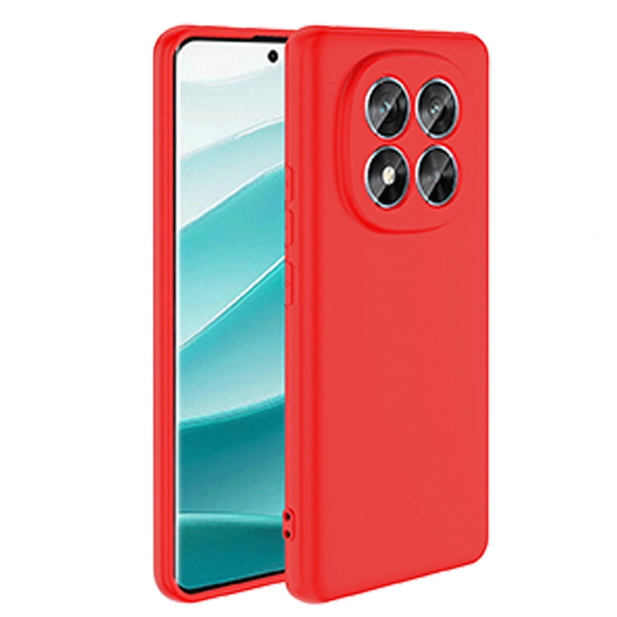 Dört kameralı kırmızı telefon, kırmızı kılıfla kaplı.