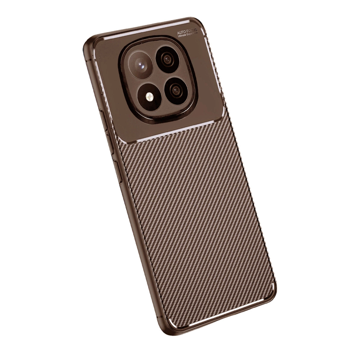 Karbon desenli ve kamera bloklu kahverengi telefon kılıfı.