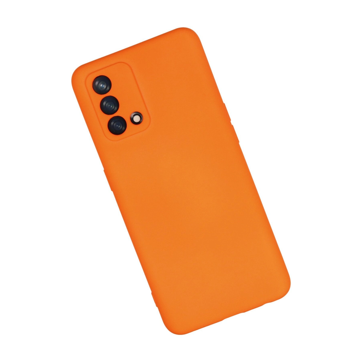 Arkada üç kamera lensi ve flaşlı turuncu telefon kılıfı.