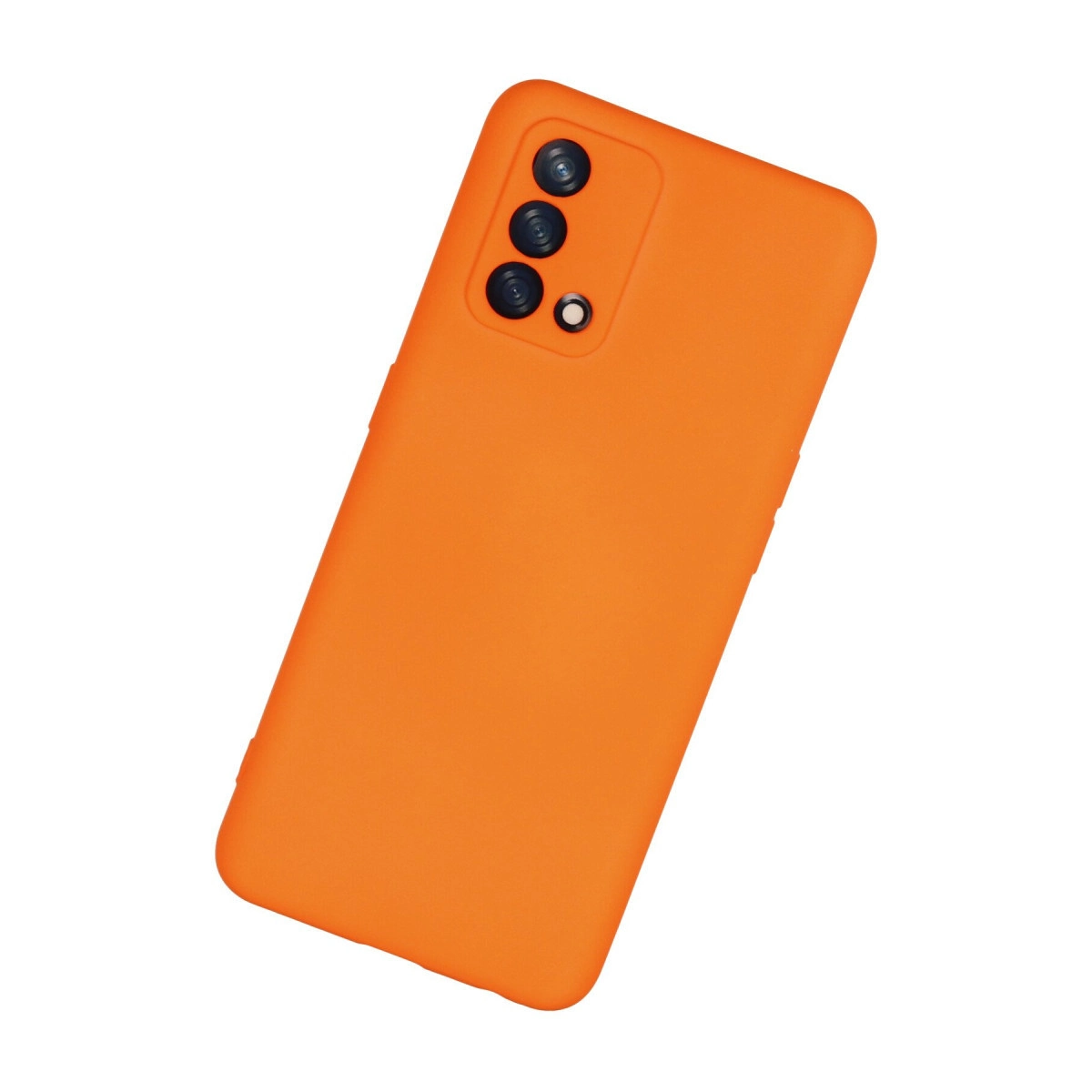 Üç kamera lensi ve flaşlı turuncu telefon kılıfı.