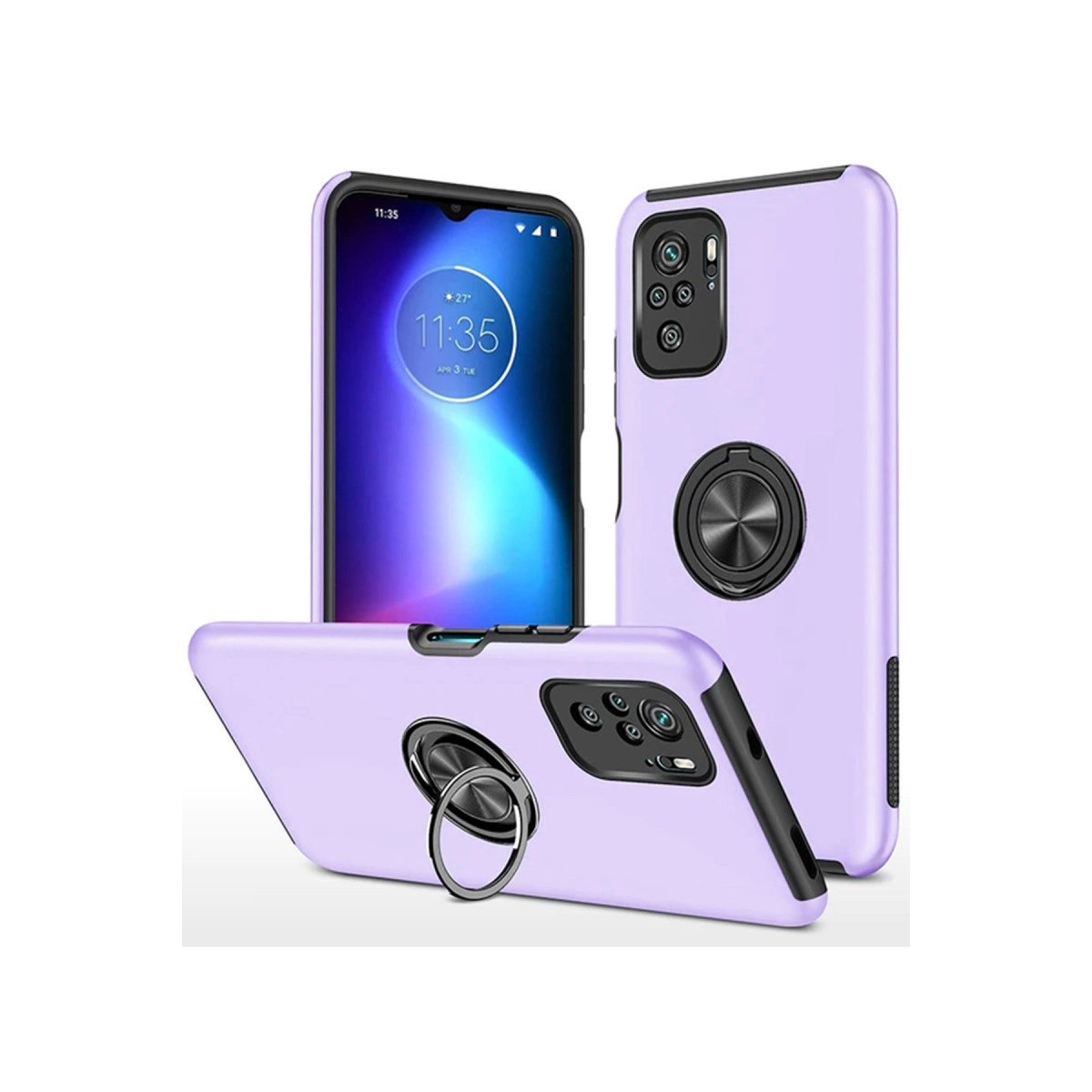 Beyaz arka plan üzerinde halka tutuculu üç mor telefon kılıfı.