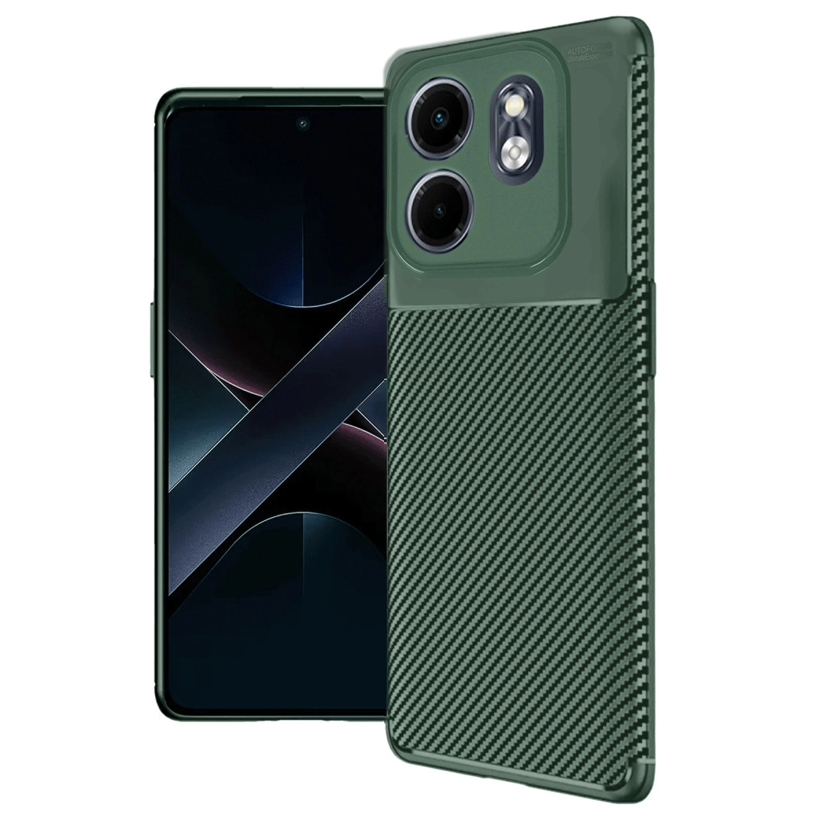 Karbon desenli kılıflı yeşil akıllı telefon ve üç kamera.
