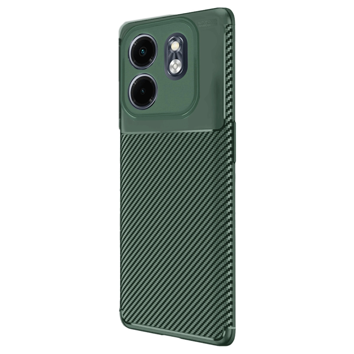 Karbon desenli ve kamera modüllü koyu yeşil telefon kılıfı.