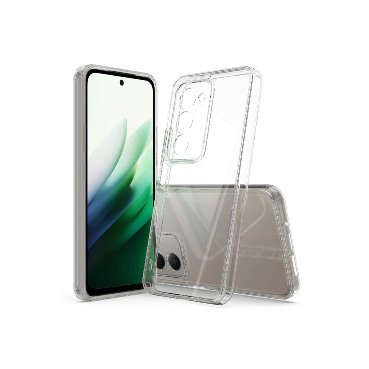 Yeşil ve beyaz duvar kağıtlı bir akıllı telefonun yanında şeffaf bir kılıf duruyor.