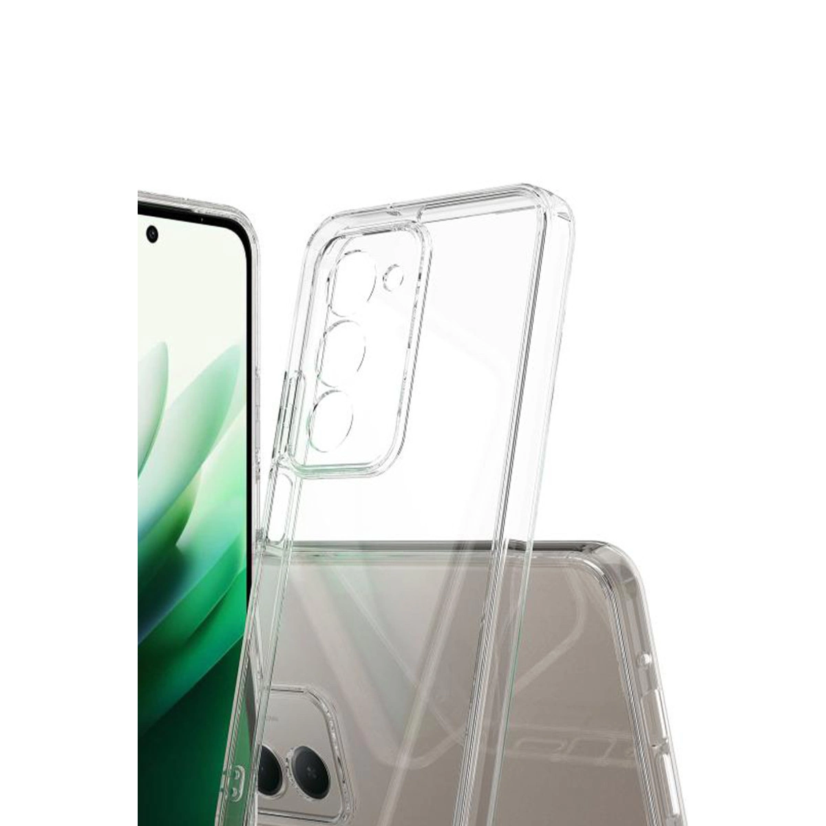 Kamera alanı ve arkasını gösteren şeffaf telefon kılıfı