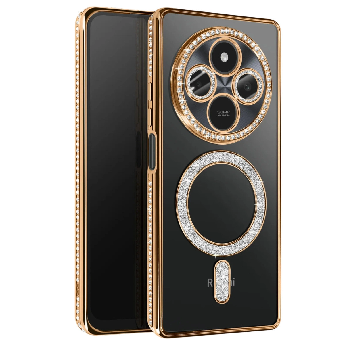 Kristal ve altın çerçeveli siyah akıllı telefon. Üç lensli kamera modülü.