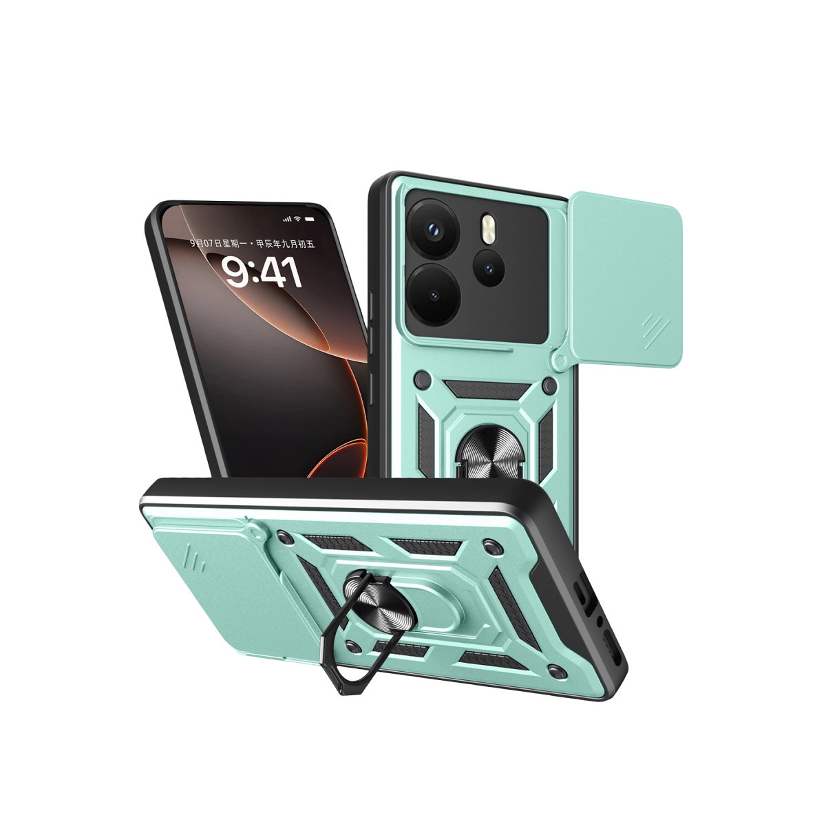 Entegre halka tutuculu ve kamera kapaklı iki nane yeşili telefon kılıfı.